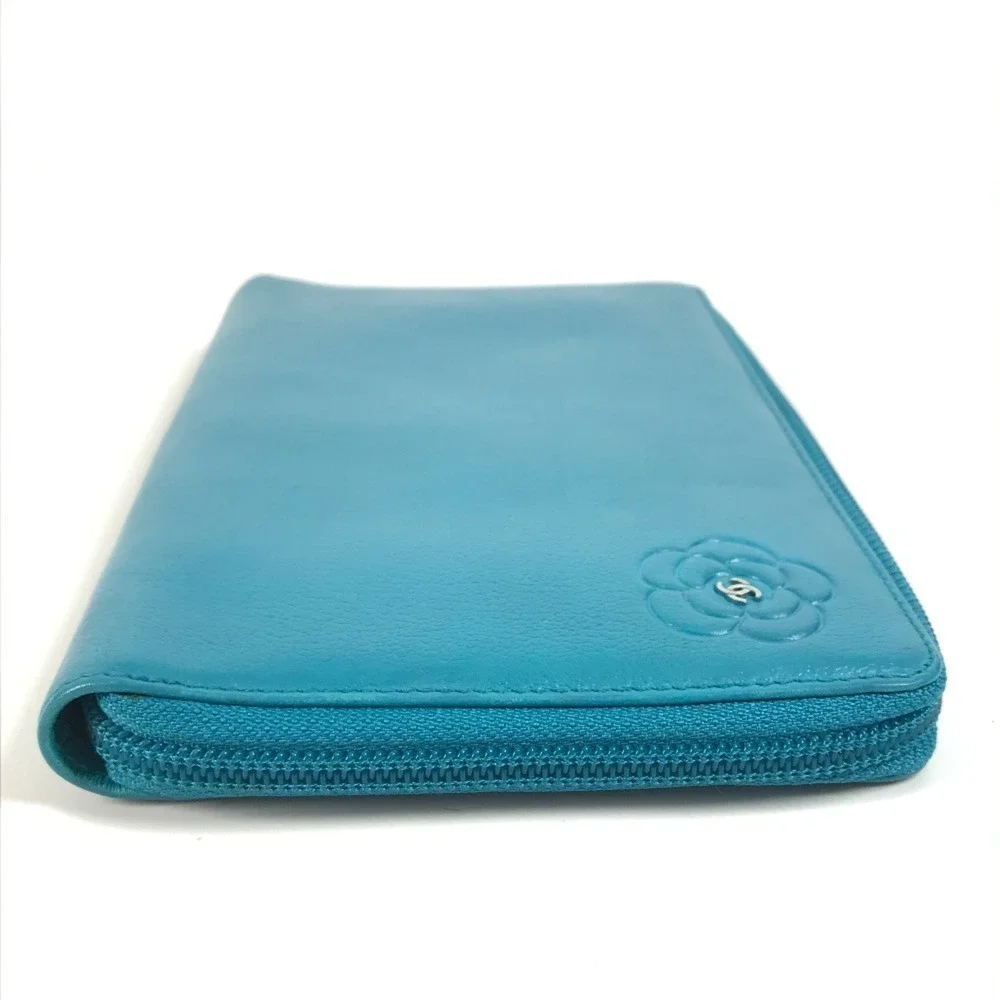 CHANEL Authentic Blue Leather Logo Wallet